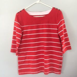3/4 sleeve red/white striped ladies 85% cotton top.